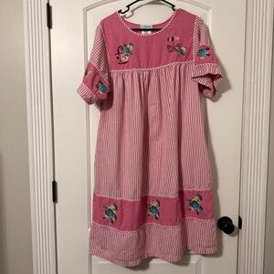 Vintage National House Dress size 1X Pink And White Striped Embroidered Floral
